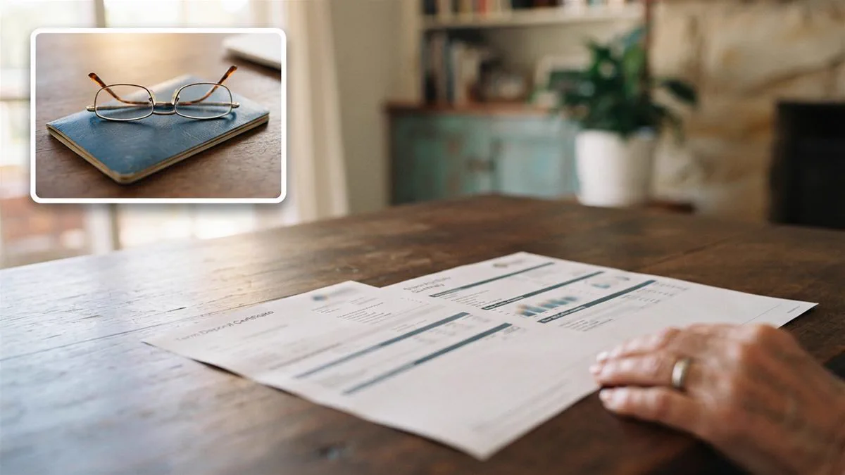 A term deposit statement and a share portfolio summary side by side on a table